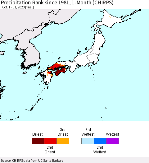 Japan Precipitation Rank since 1981, 1-Month (CHIRPS) Thematic Map For 10/1/2023 - 10/31/2023
