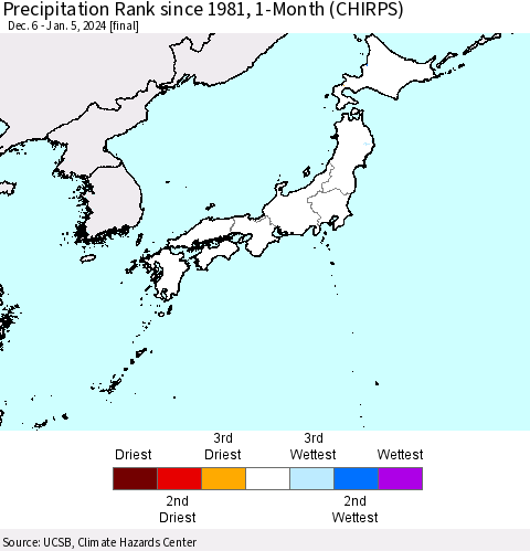 Japan Precipitation Rank since 1981, 1-Month (CHIRPS) Thematic Map For 12/6/2023 - 1/5/2024