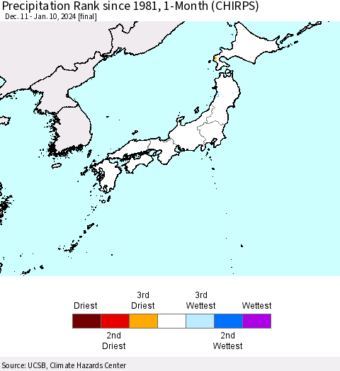 Japan Precipitation Rank since 1981, 1-Month (CHIRPS) Thematic Map For 12/11/2023 - 1/10/2024