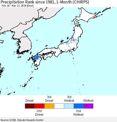 Japan Precipitation Rank since 1981, 1-Month (CHIRPS) Thematic Map For 2/16/2024 - 3/15/2024