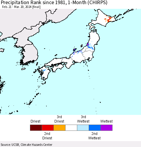 Japan Precipitation Rank since 1981, 1-Month (CHIRPS) Thematic Map For 2/21/2024 - 3/20/2024