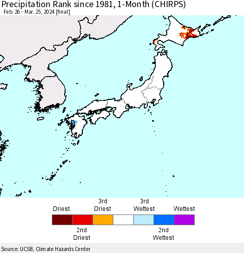 Japan Precipitation Rank since 1981, 1-Month (CHIRPS) Thematic Map For 2/26/2024 - 3/25/2024