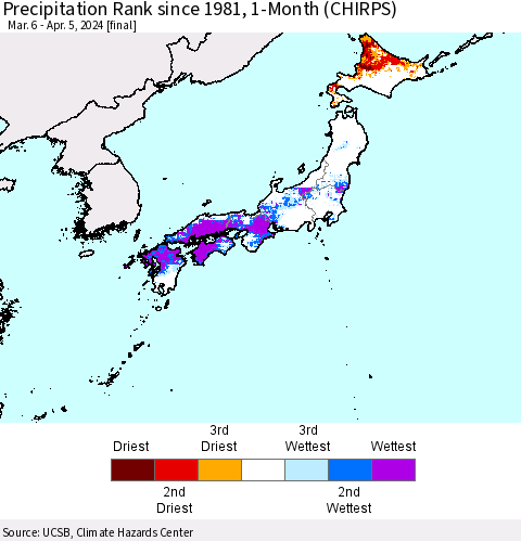 Japan Precipitation Rank since 1981, 1-Month (CHIRPS) Thematic Map For 3/6/2024 - 4/5/2024