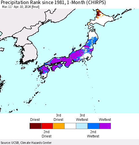 Japan Precipitation Rank since 1981, 1-Month (CHIRPS) Thematic Map For 3/11/2024 - 4/10/2024