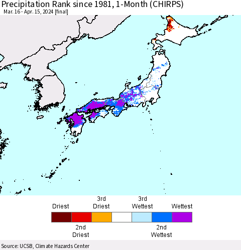 Japan Precipitation Rank since 1981, 1-Month (CHIRPS) Thematic Map For 3/16/2024 - 4/15/2024