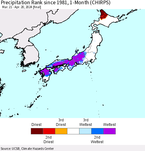 Japan Precipitation Rank since 1981, 1-Month (CHIRPS) Thematic Map For 3/21/2024 - 4/20/2024