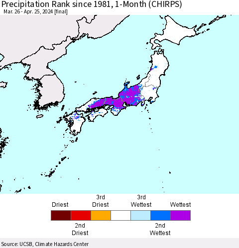Japan Precipitation Rank since 1981, 1-Month (CHIRPS) Thematic Map For 3/26/2024 - 4/25/2024