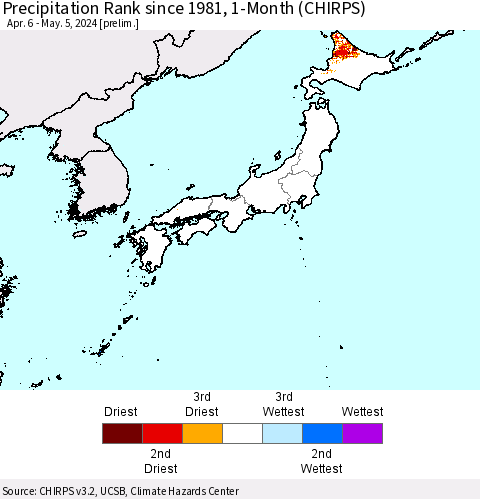 Japan Precipitation Rank since 1981, 1-Month (CHIRPS) Thematic Map For 4/6/2024 - 5/5/2024