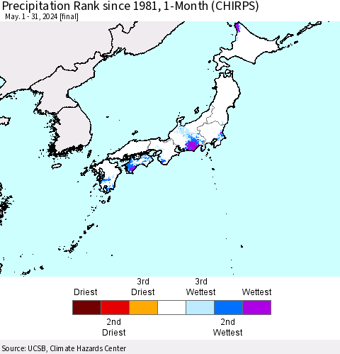 Japan Precipitation Rank since 1981, 1-Month (CHIRPS) Thematic Map For 5/1/2024 - 5/31/2024