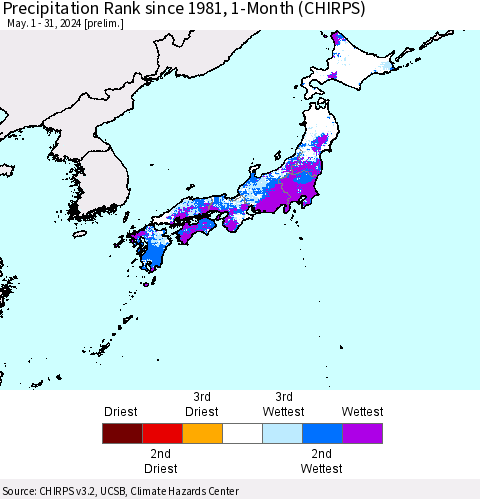 Japan Precipitation Rank since 1981, 1-Month (CHIRPS) Thematic Map For 5/1/2024 - 5/31/2024