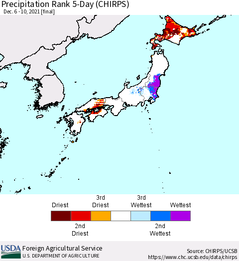 Japan Precipitation Rank since 1981, 5-Day (CHIRPS) Thematic Map For 12/6/2021 - 12/10/2021