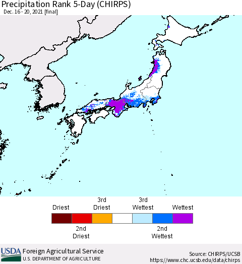 Japan Precipitation Rank since 1981, 5-Day (CHIRPS) Thematic Map For 12/16/2021 - 12/20/2021