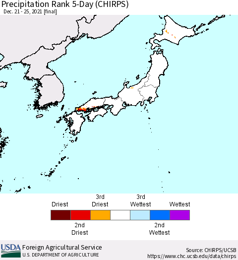 Japan Precipitation Rank since 1981, 5-Day (CHIRPS) Thematic Map For 12/21/2021 - 12/25/2021