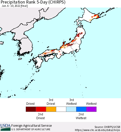 Japan Precipitation Rank since 1981, 5-Day (CHIRPS) Thematic Map For 1/6/2022 - 1/10/2022