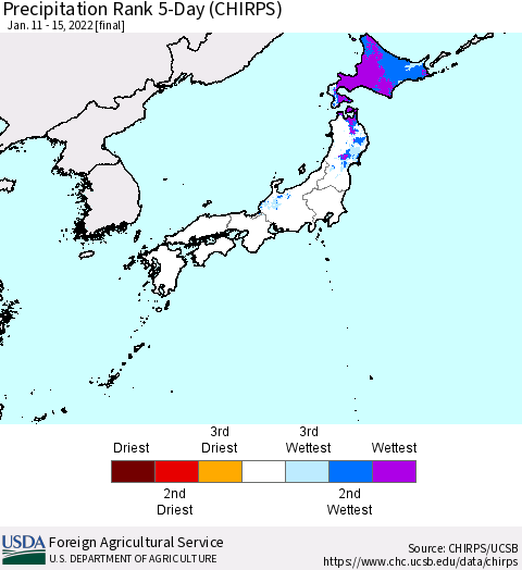 Japan Precipitation Rank since 1981, 5-Day (CHIRPS) Thematic Map For 1/11/2022 - 1/15/2022