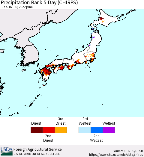 Japan Precipitation Rank since 1981, 5-Day (CHIRPS) Thematic Map For 1/16/2022 - 1/20/2022