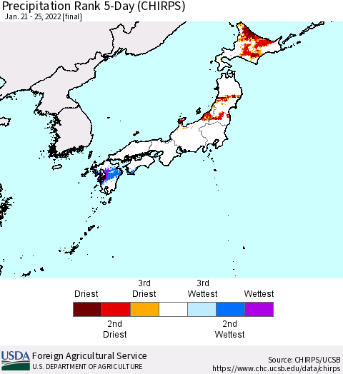 Japan Precipitation Rank since 1981, 5-Day (CHIRPS) Thematic Map For 1/21/2022 - 1/25/2022