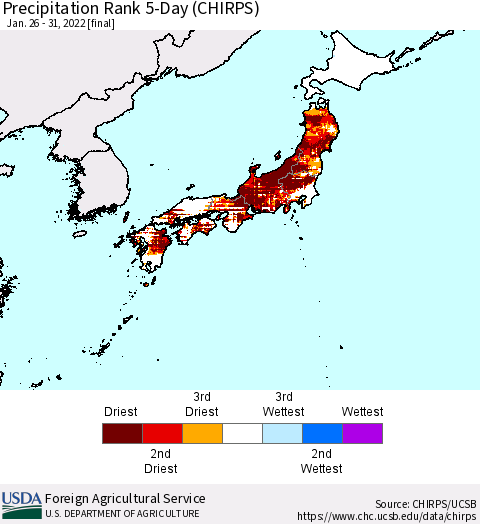 Japan Precipitation Rank since 1981, 5-Day (CHIRPS) Thematic Map For 1/26/2022 - 1/31/2022