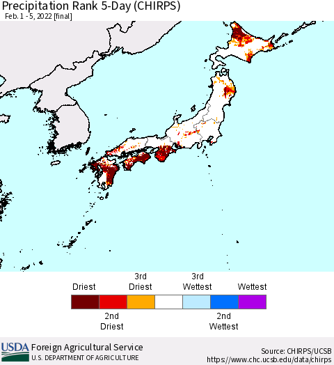 Japan Precipitation Rank since 1981, 5-Day (CHIRPS) Thematic Map For 2/1/2022 - 2/5/2022