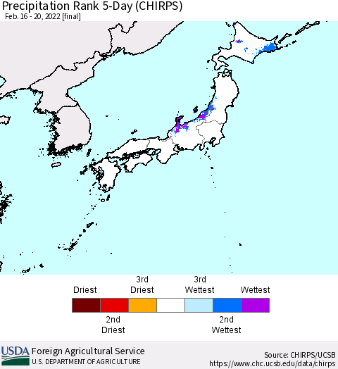 Japan Precipitation Rank since 1981, 5-Day (CHIRPS) Thematic Map For 2/16/2022 - 2/20/2022