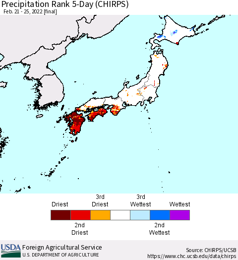 Japan Precipitation Rank since 1981, 5-Day (CHIRPS) Thematic Map For 2/21/2022 - 2/25/2022