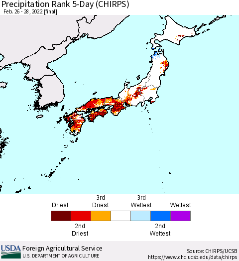 Japan Precipitation Rank since 1981, 5-Day (CHIRPS) Thematic Map For 2/26/2022 - 2/28/2022