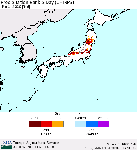 Japan Precipitation Rank since 1981, 5-Day (CHIRPS) Thematic Map For 3/1/2022 - 3/5/2022
