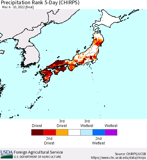 Japan Precipitation Rank since 1981, 5-Day (CHIRPS) Thematic Map For 3/6/2022 - 3/10/2022