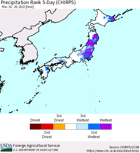 Japan Precipitation Rank since 1981, 5-Day (CHIRPS) Thematic Map For 3/16/2022 - 3/20/2022