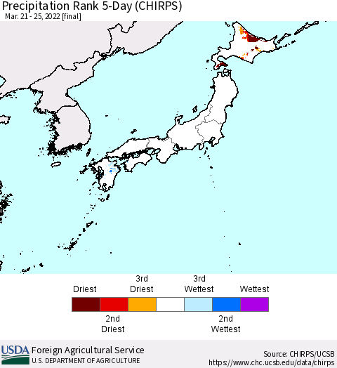 Japan Precipitation Rank since 1981, 5-Day (CHIRPS) Thematic Map For 3/21/2022 - 3/25/2022