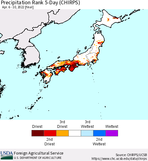 Japan Precipitation Rank since 1981, 5-Day (CHIRPS) Thematic Map For 4/6/2022 - 4/10/2022