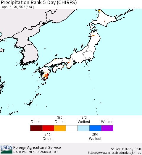 Japan Precipitation Rank since 1981, 5-Day (CHIRPS) Thematic Map For 4/16/2022 - 4/20/2022