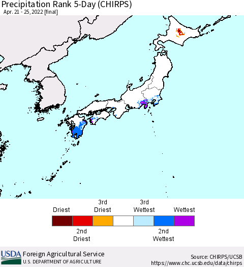 Japan Precipitation Rank since 1981, 5-Day (CHIRPS) Thematic Map For 4/21/2022 - 4/25/2022