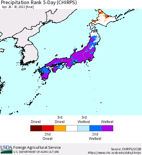 Japan Precipitation Rank since 1981, 5-Day (CHIRPS) Thematic Map For 4/26/2022 - 4/30/2022