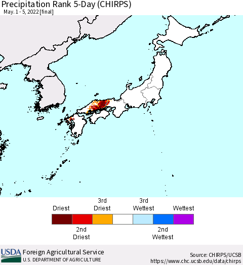 Japan Precipitation Rank since 1981, 5-Day (CHIRPS) Thematic Map For 5/1/2022 - 5/5/2022