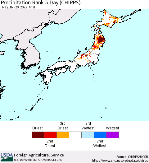 Japan Precipitation Rank since 1981, 5-Day (CHIRPS) Thematic Map For 5/16/2022 - 5/20/2022