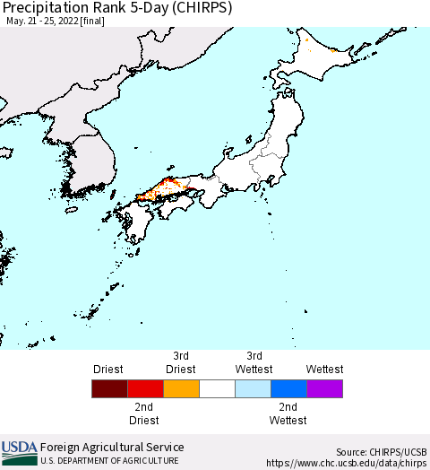 Japan Precipitation Rank since 1981, 5-Day (CHIRPS) Thematic Map For 5/21/2022 - 5/25/2022