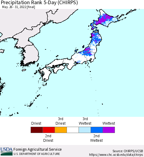 Japan Precipitation Rank since 1981, 5-Day (CHIRPS) Thematic Map For 5/26/2022 - 5/31/2022