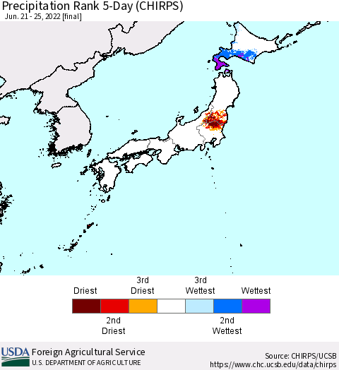 Japan Precipitation Rank since 1981, 5-Day (CHIRPS) Thematic Map For 6/21/2022 - 6/25/2022