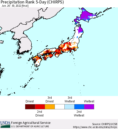 Japan Precipitation Rank since 1981, 5-Day (CHIRPS) Thematic Map For 6/26/2022 - 6/30/2022