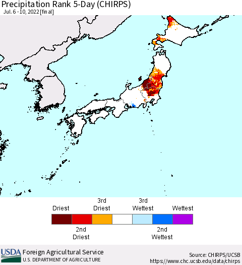 Japan Precipitation Rank since 1981, 5-Day (CHIRPS) Thematic Map For 7/6/2022 - 7/10/2022