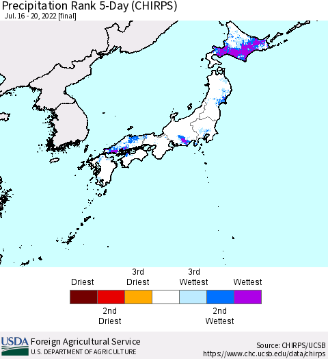 Japan Precipitation Rank since 1981, 5-Day (CHIRPS) Thematic Map For 7/16/2022 - 7/20/2022