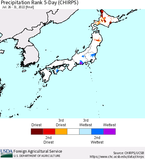 Japan Precipitation Rank since 1981, 5-Day (CHIRPS) Thematic Map For 7/26/2022 - 7/31/2022