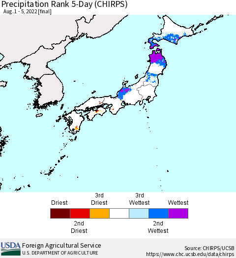 Japan Precipitation Rank since 1981, 5-Day (CHIRPS) Thematic Map For 8/1/2022 - 8/5/2022