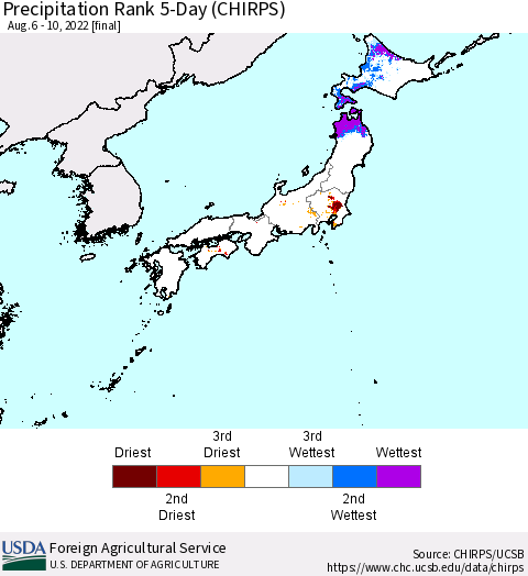 Japan Precipitation Rank since 1981, 5-Day (CHIRPS) Thematic Map For 8/6/2022 - 8/10/2022