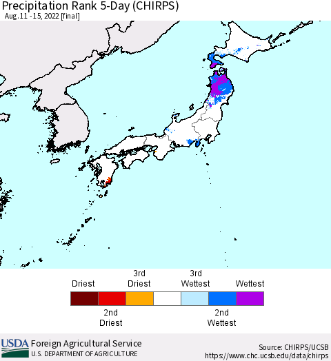 Japan Precipitation Rank since 1981, 5-Day (CHIRPS) Thematic Map For 8/11/2022 - 8/15/2022