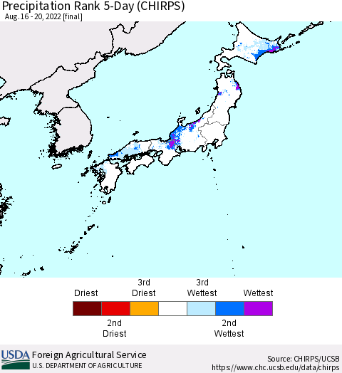 Japan Precipitation Rank since 1981, 5-Day (CHIRPS) Thematic Map For 8/16/2022 - 8/20/2022