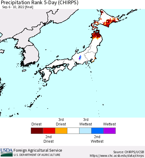 Japan Precipitation Rank since 1981, 5-Day (CHIRPS) Thematic Map For 9/6/2022 - 9/10/2022