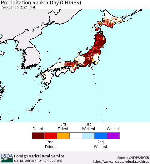 Japan Precipitation Rank since 1981, 5-Day (CHIRPS) Thematic Map For 9/11/2022 - 9/15/2022