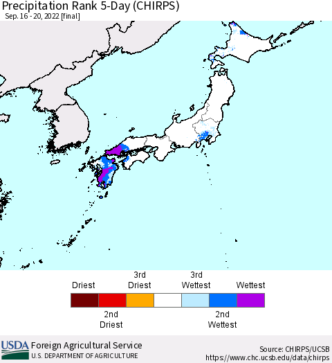 Japan Precipitation Rank since 1981, 5-Day (CHIRPS) Thematic Map For 9/16/2022 - 9/20/2022